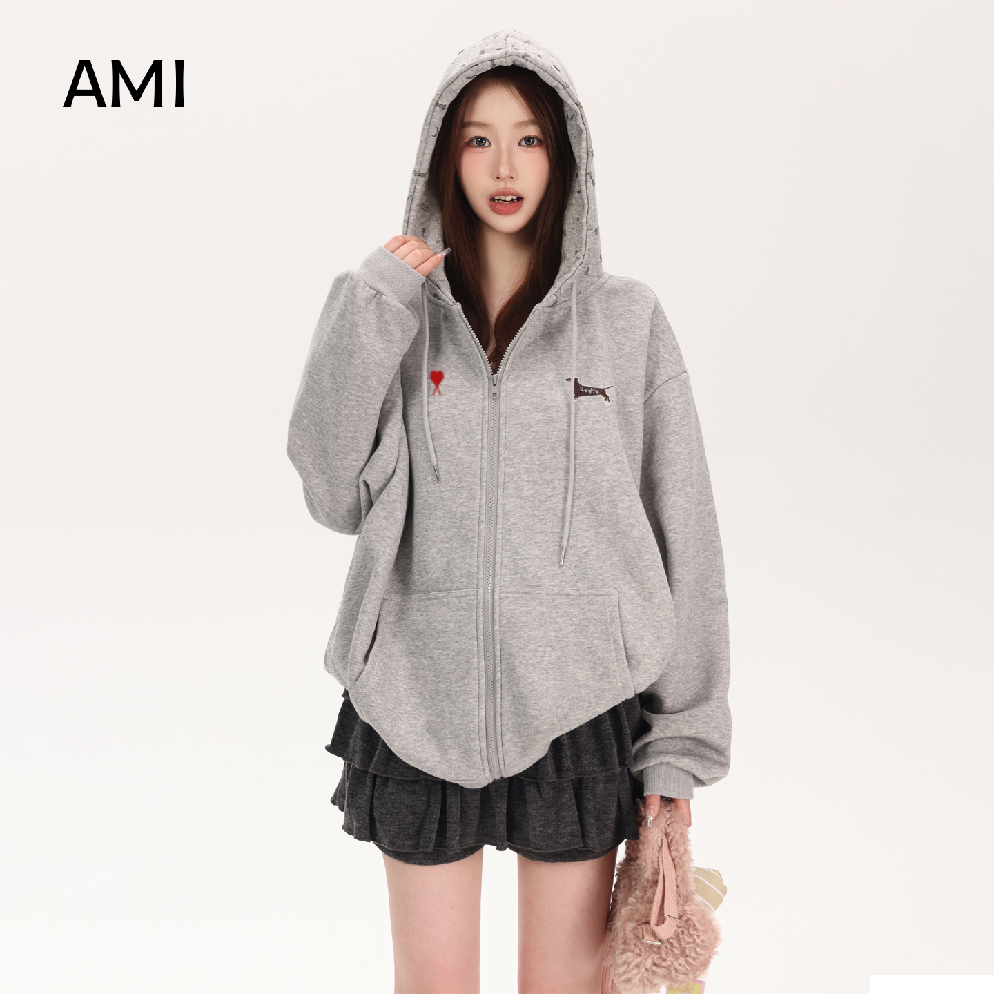 AMI美式花灰色连帽卫衣外套女春秋新款拉链开衫宽松休闲慵懒上衣