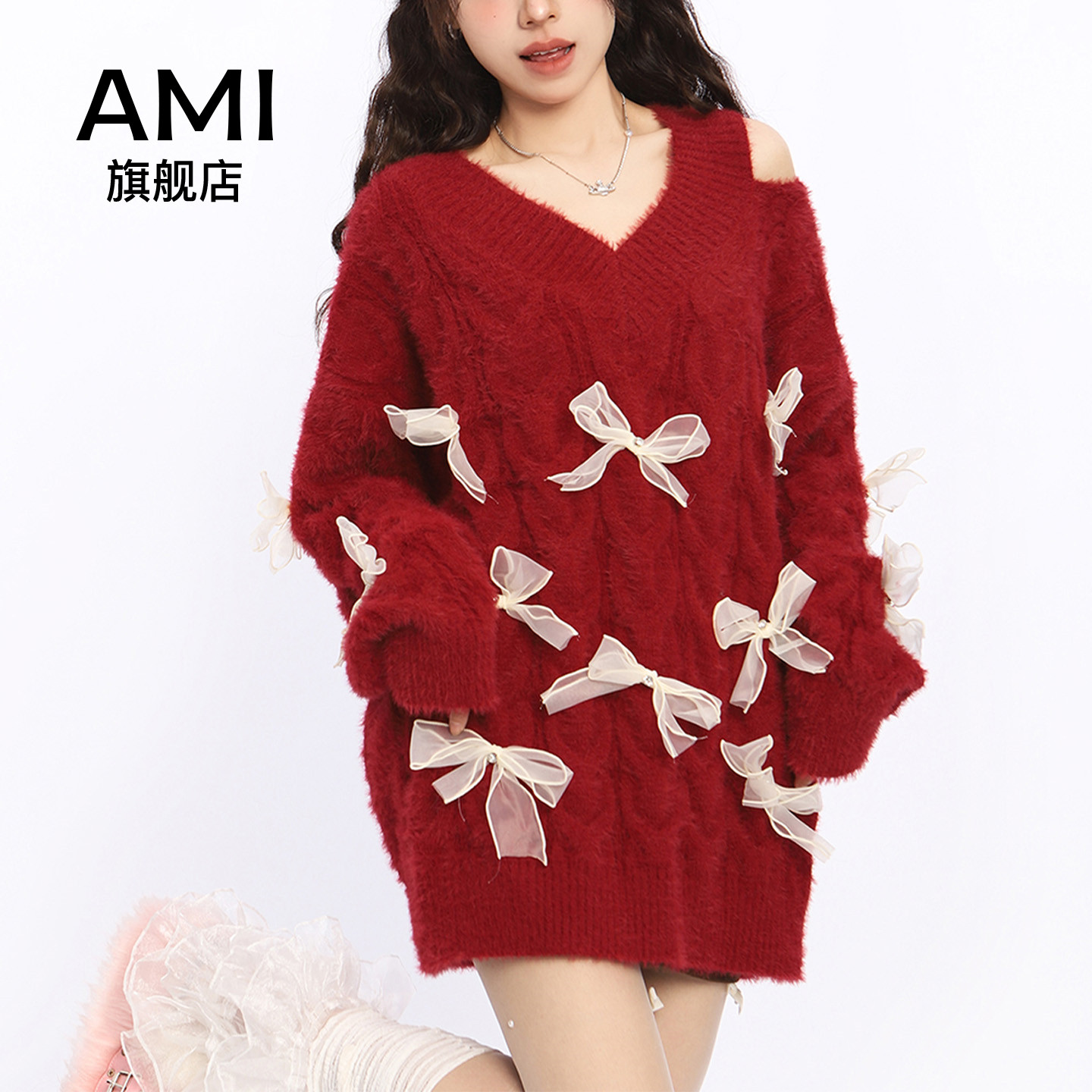 AMI官方露肩新年战袍红色蝴蝶毛衣