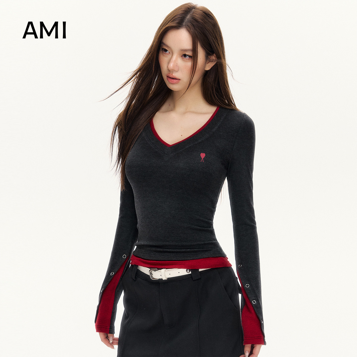 AMI官方2026美式假两件V领长袖T恤女春秋正品高级感打底衫辣妹上