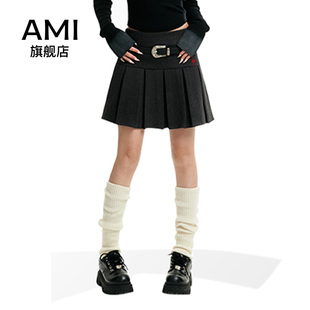 AMI毛呢半身裙女秋2025新款高腰显瘦a字裙短款加厚百褶裙短裙秋冬
