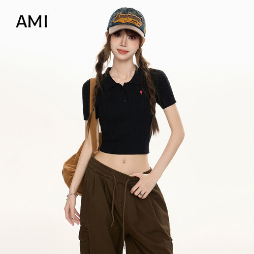AMI官方美式辣妹黑色polo领针织短袖t恤女夏漂亮的正肩修身上衣