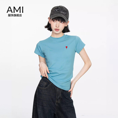 AMI官方蓝色圆领26衫短袖t恤女夏季短款修身棉202626纯色小飞