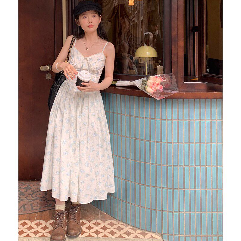 芒岁法式甜美印花吊带裙公主连衣裙高腰修身蓝色中长裙无袖夏季