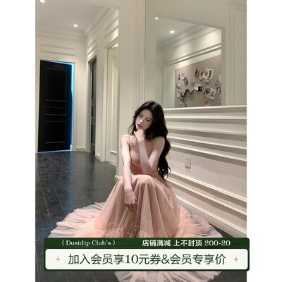 灰尘邓邓 蕾丝吊带连衣裙女2025春季新款网纱拼接长裙气质裙子