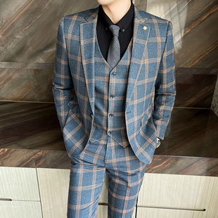 格子男士休闲西i服套装青年韩版结A婚西装三件套修身伴郎服商务正