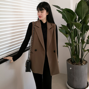 西装马甲女2021春秋新款韩版背心中长款宽松工装卡其色小个子外套