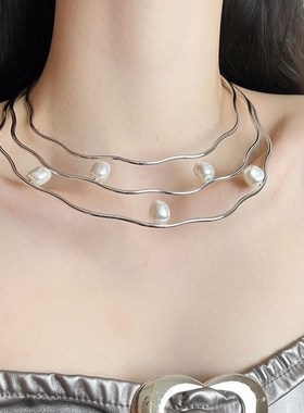 轻奢小众个性三层波浪p珍珠项圈男女百搭凹造型中性高级感颈圈颈
