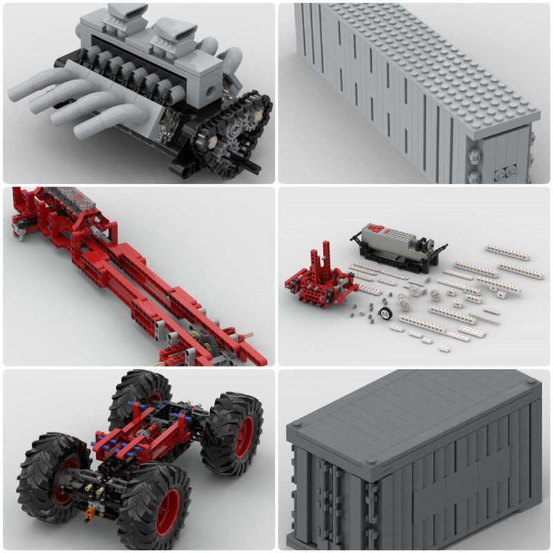 定制积木创意设计玩具p有轨电车卡车底盘集装箱V8发动机船运集装