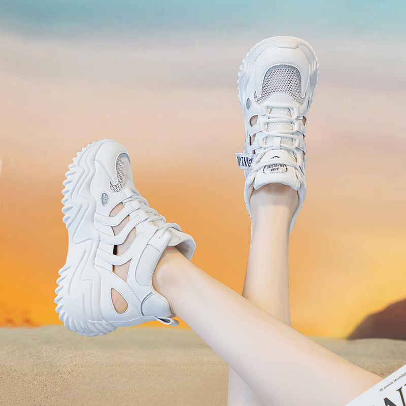 真皮厚底老爹鞋g女2024夏季新款网面透气镂空凉鞋运动休闲小白鞋