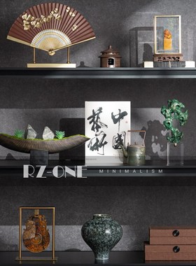 新中式茶室客厅酒柜摆件禅意样板间售楼处书房书架软装搭配套装