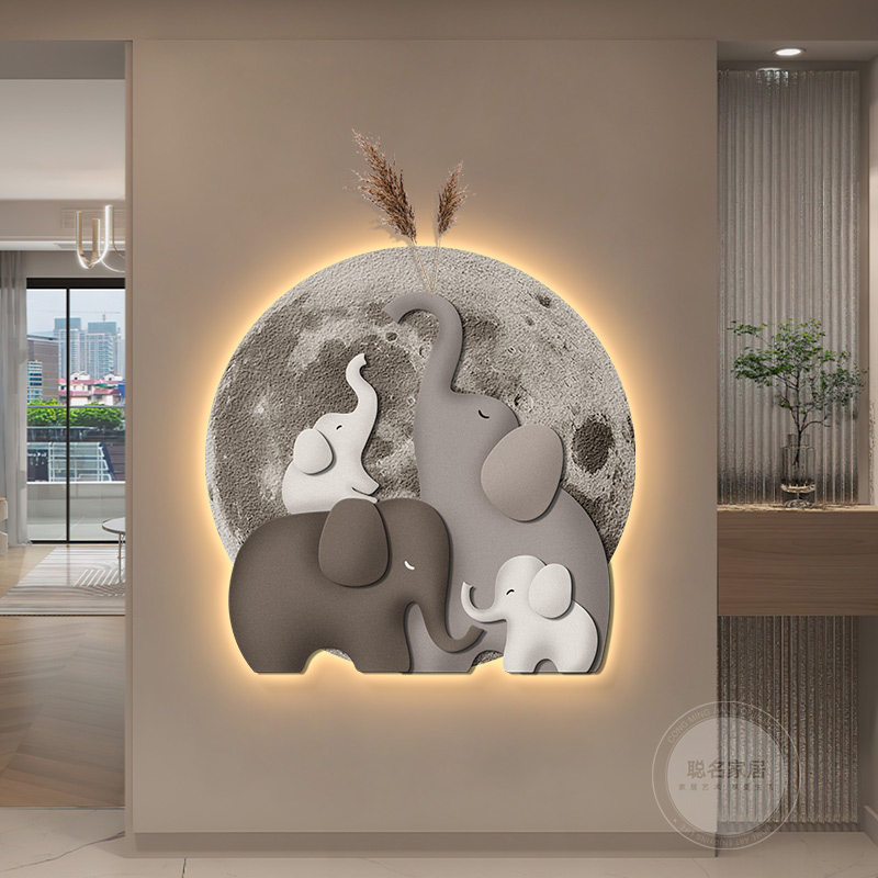 侘寂风玄关装饰画立体砂岩实物画大象沙发背景墙挂画走廊过道壁画