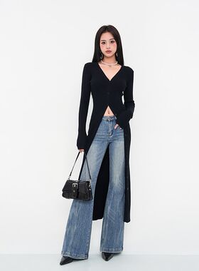秋冬慵懒风针织外套女修身小个子收腰显瘦气质中长款开衫罩衫上衣