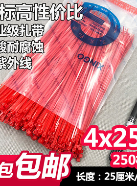 非标尼龙扎带长25厘米4xs250红色中号宽2.7捆绑电线封口园林250根