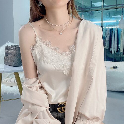 睫毛蕾丝V领吊带背心女夏西装内搭真丝无袖打底丝绸缎面外穿上衣