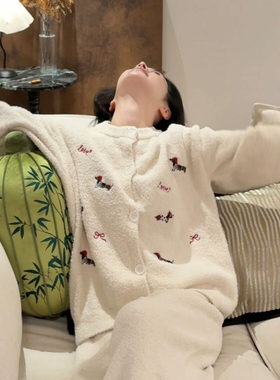 软绵绵半边绒睡衣女冬季2025新款腊肠狗加厚保暖甜美可外穿家居服