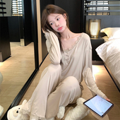V领纯色高级感柔软家居服套装 蕾丝莫代尔睡衣女春秋季 2025新款 秋