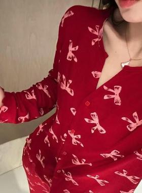 新款红色睡衣女春秋莫代尔棉薄款新年本命年喜庆可外穿家居服套装