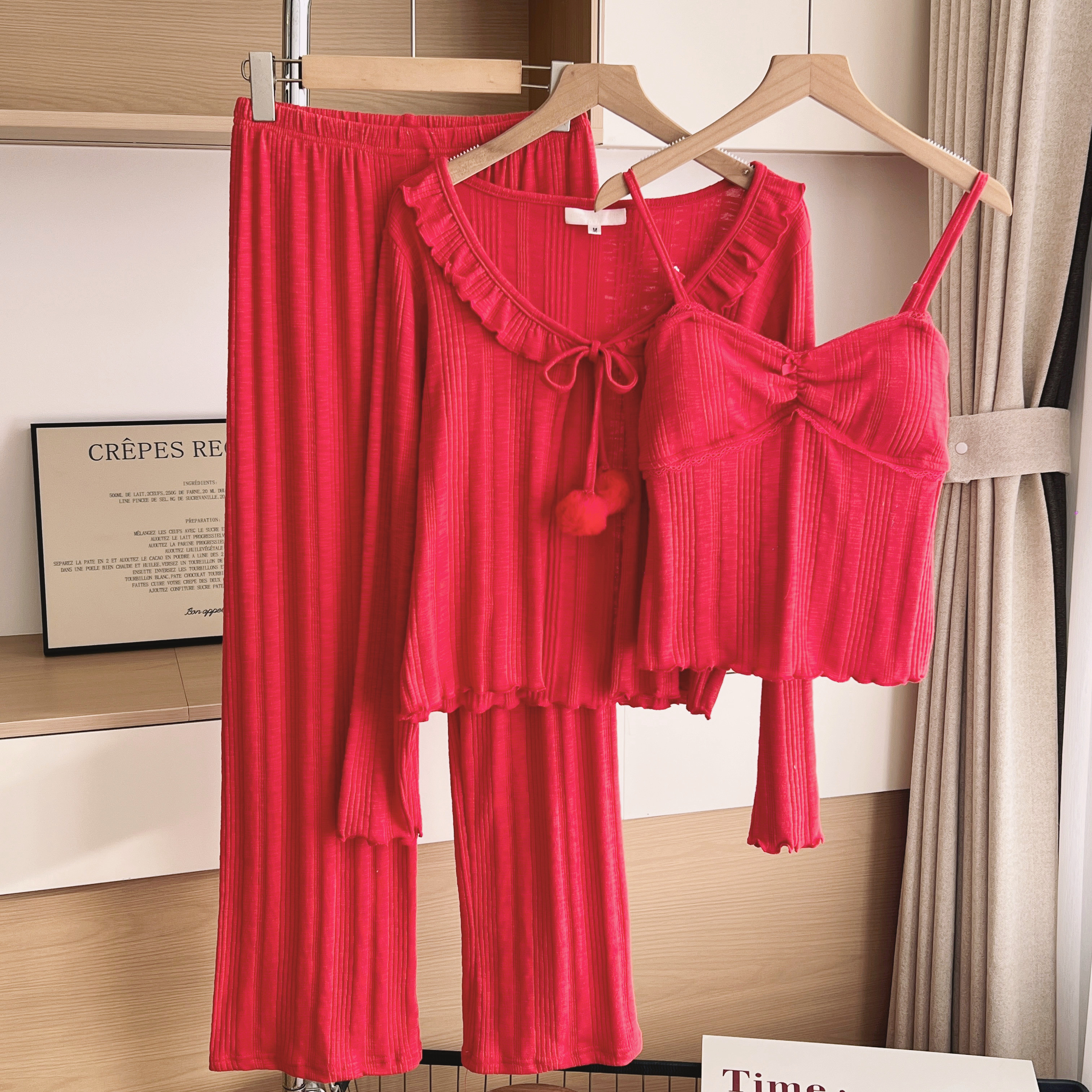 本命年莫代尔睡衣女春秋季2026新款红色甜美带胸垫三件套家居服,女士内衣/男士内衣/家居服,睡衣/家居服套装,淘宝优惠券,粉丝福利购,淘宝优惠卷