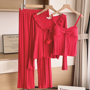 本命年莫代尔睡衣女春秋季2026新款红色甜美带胸垫三件套家居服