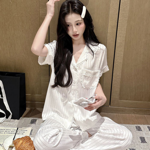 冰丝缎面女夏薄款花边睡衣套装