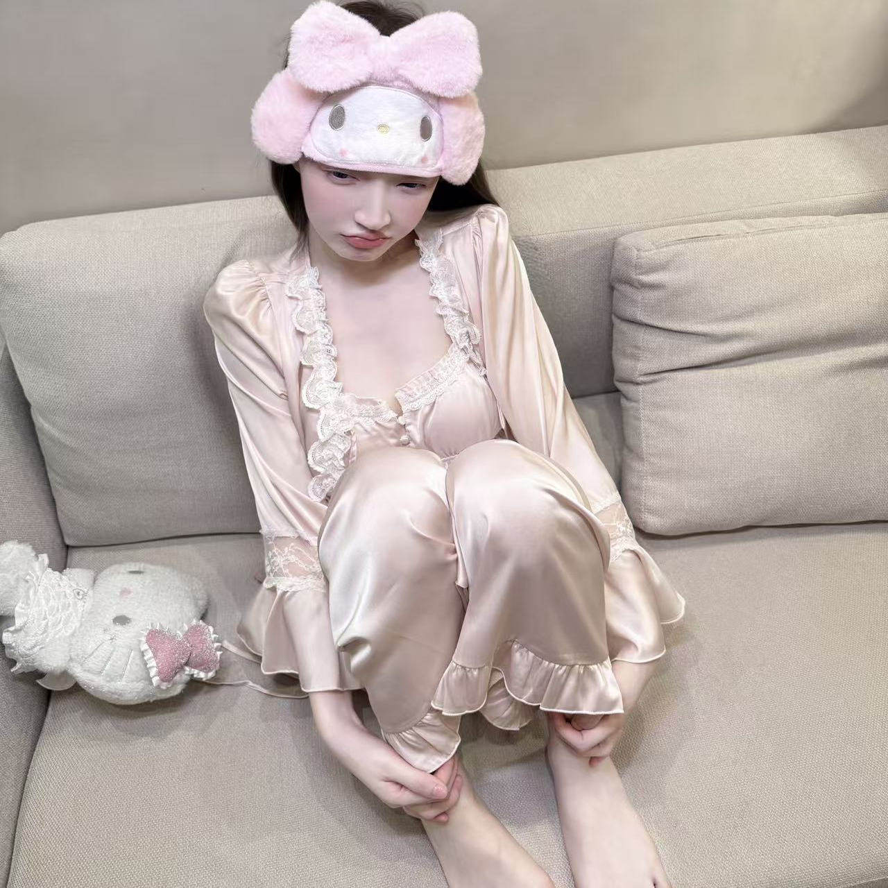 冰丝睡衣女春秋季2025新款纯欲风高级感立体蕾丝可外穿家居服套装
