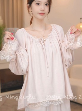 宫廷风全面双层睡衣女秋季2025新款宽松法式蕾丝长袖长裤家居服秋