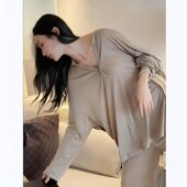 莫代尔睡衣女春秋季 V领可外穿家居服 长裤 2025新款 松弛感宽松长袖