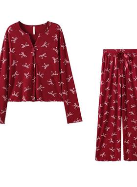 新年红色睡衣女春秋莫代尔棉长袖长裤本命年结婚喜庆可外穿家居服