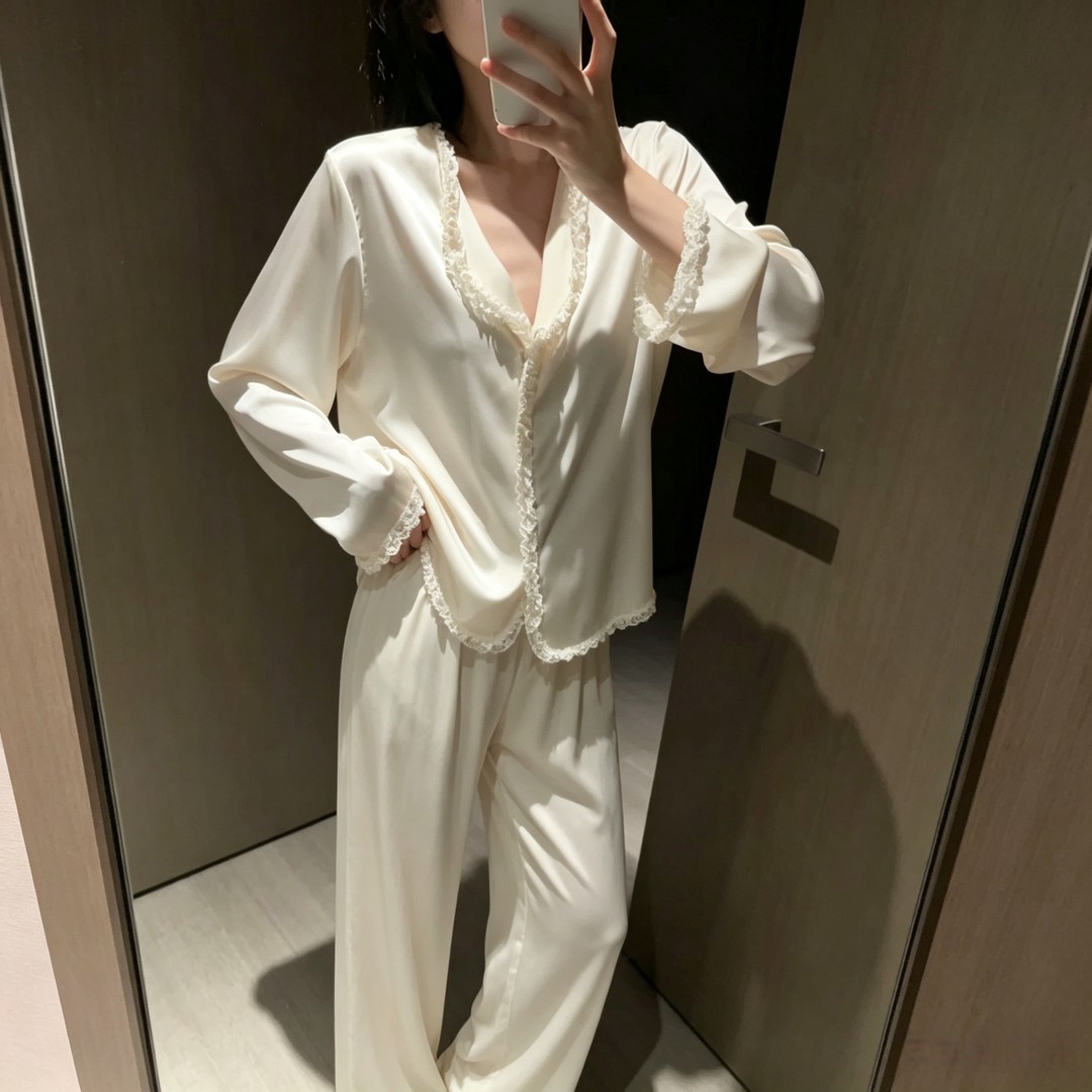 冰丝缎面法式V领蕾丝睡衣女
