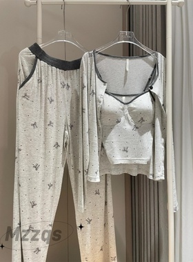 2025新款蝴蝶结带胸垫吊带睡衣女春秋夏款三件套可外穿家居服套装