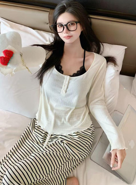 纯欲带胸垫假两件睡衣女春秋季2025新款甜美长袖长裤可外穿家居服