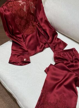 2026新款冰丝缎面睡衣女春秋季红色本命年高级感立体镂空家居服