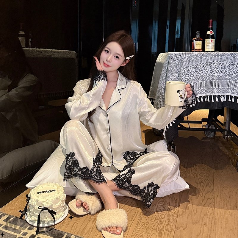 2025新款法式睡衣女春秋夏款冰雪丝缎面黑色蕾丝拼接高级感家居服