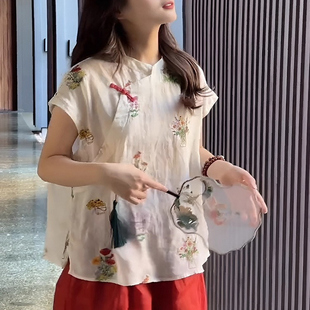 家居服 2025新款 复古国风麻棉睡衣女夏季 花蕊刺绣斜襟盘扣衬衫 短裤