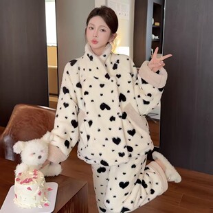 2025新款加厚珊瑚绒睡衣女秋冬季爱心波点翻领柔软可外穿家居服