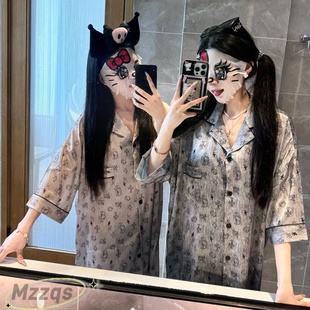 2025新款 睡裙恶魔Kitty印花高级感夏 冰雪丝绸缎睡衣女夏季 七分袖