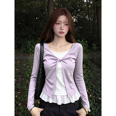 温柔少女风扭结假两件长袖T恤女
