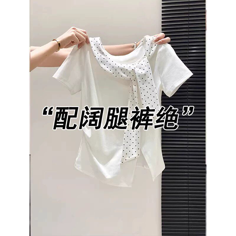 甜美风波点系带短袖T恤女2026新款夏设计感修身显瘦时尚洋气上衣