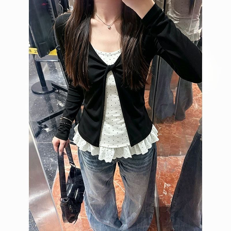 扭结假两件长袖T恤女秋季潮牌流行个性波点花边内搭上衣舒适百搭