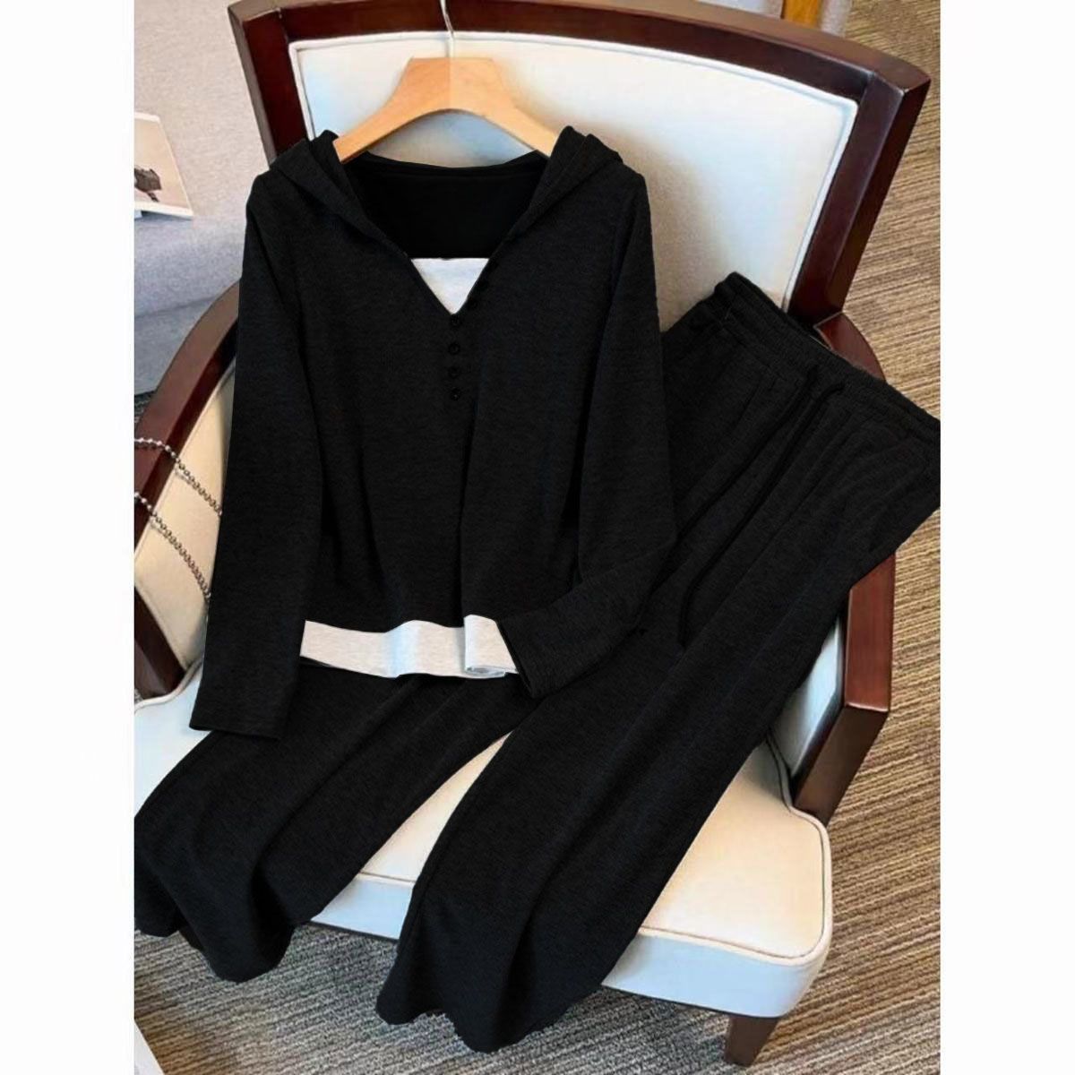 2025秋季新款休闲套装女慵懒风高腰显瘦糯米裤设计感撞色连帽卫衣