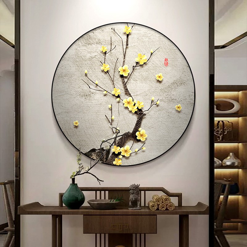 喜上眉梢圆形装饰画金色梅花玄关画挂画新中式餐厅饭厅壁画花卉画图片