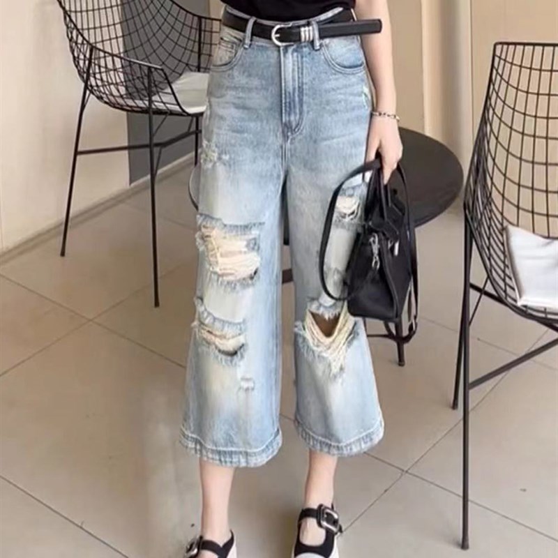 女装2024新款夏季薄款裤子女A胖mm大码显瘦高腰直筒破洞牛仔裤女