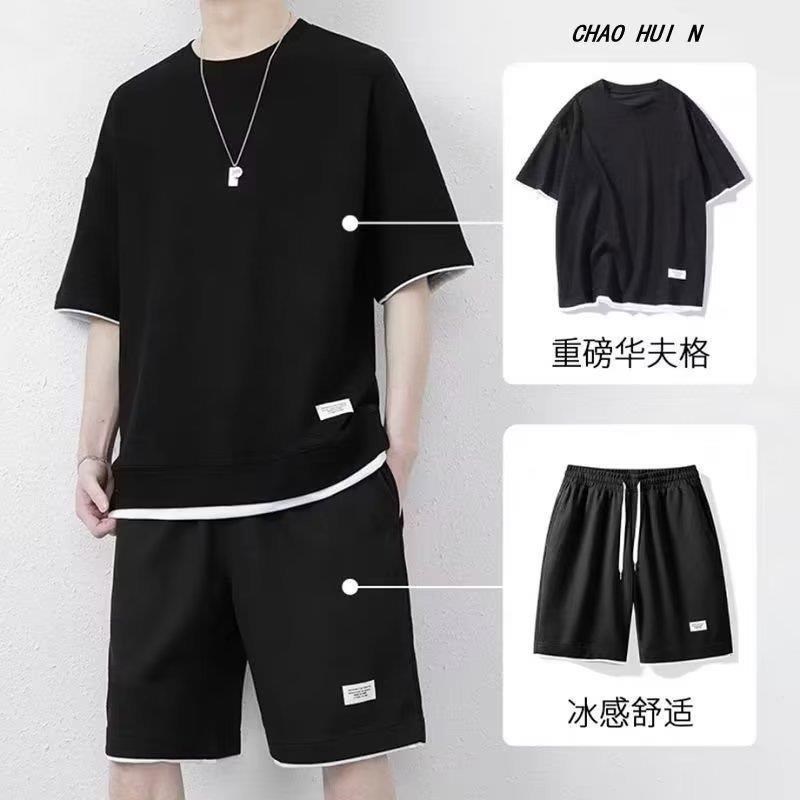 男士休闲套装潮流夏季薄款运动男装时尚男L生衣服一套搭配帅气短