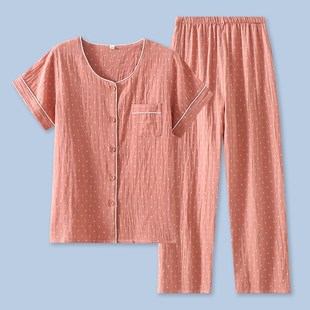 纯棉女士短袖 家居v服薄款 夏季 九分裤 简约宽松全 纱布开衫 睡衣套装