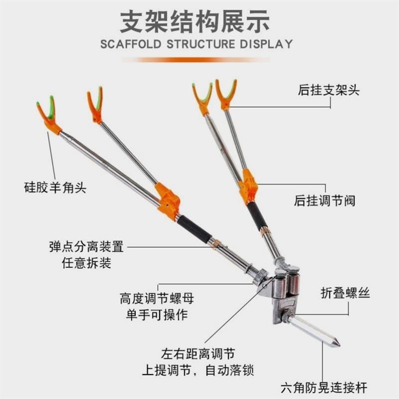 一拖二支架2.1米不锈钢双炮台支架H钓箱钓椅台钓鱼竿双杆架鱼竿