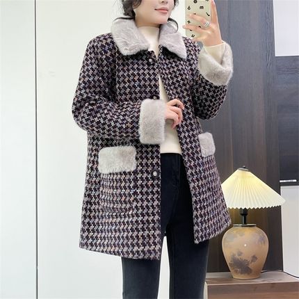 惠衣阁秋冬妈妈装加绒加厚u外套针织棉格子棉衣女保暖加绒棉服外