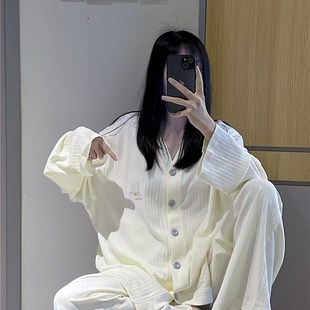 春秋长袖 睡衣女纯棉V领开衫 t家居服简约宽松大尺码 胖mm200斤长裤