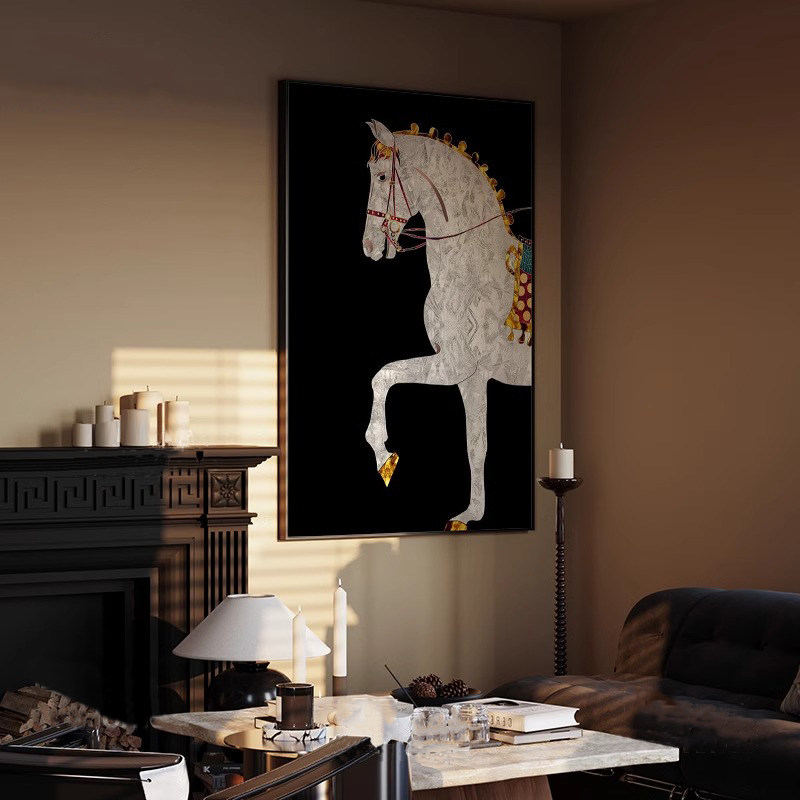 马到成功现代中古风装饰画复古法式客厅餐厅挂画卧室黑白高级感