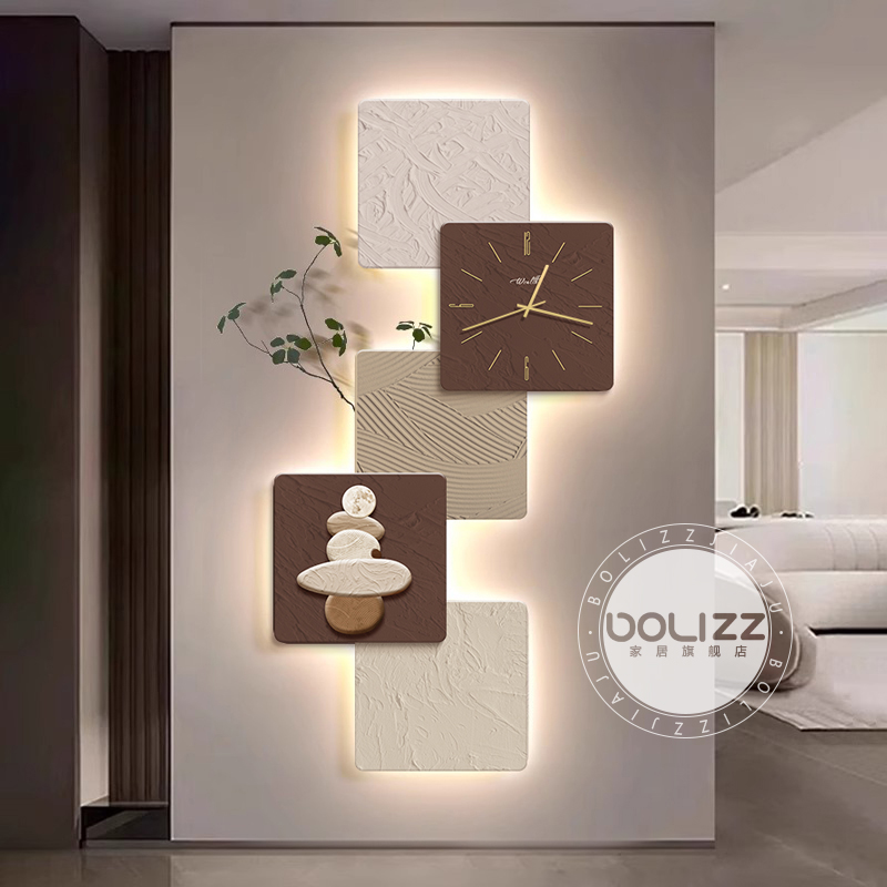 侘寂风玄关装饰画挂钟表高