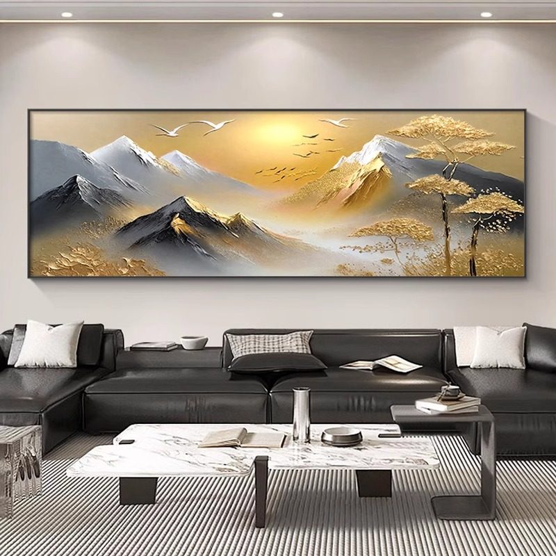 日出背有靠山客厅装饰画大芬村横版高级感沙发背景墙挂画,家居饰品,现代装饰画,淘宝优惠券,粉丝福利购,淘宝优惠卷